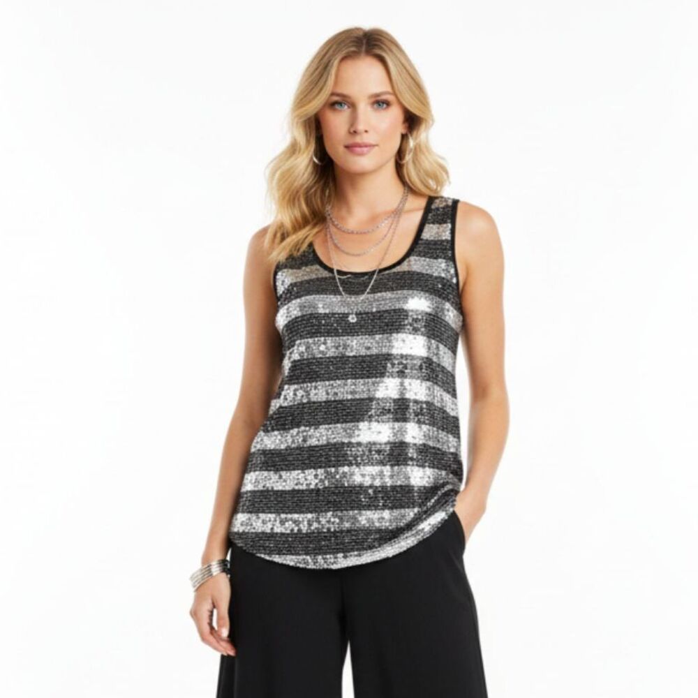 Allen B ABS Black & Silver Sequin Sleeveless Embellished Tank Top XL